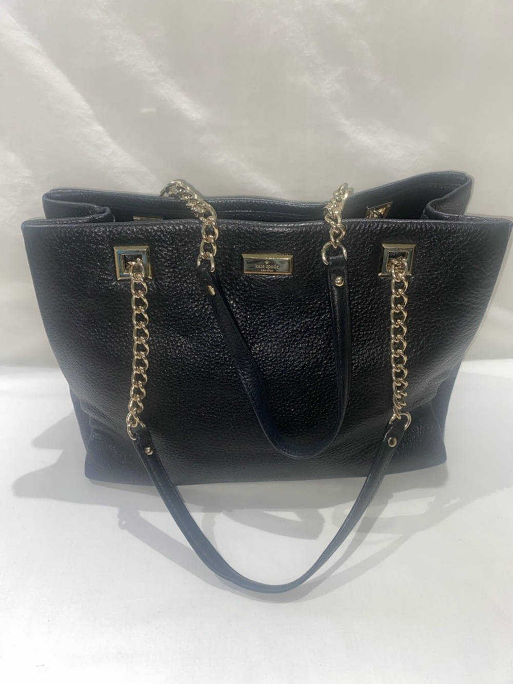 kate spade Jordyn Black Pebble Leather Tote with Gold Chain Straps